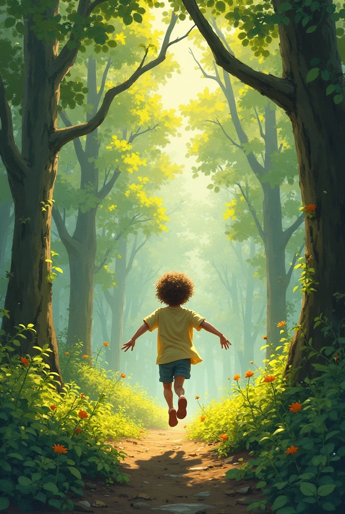 A happy  running in the forest