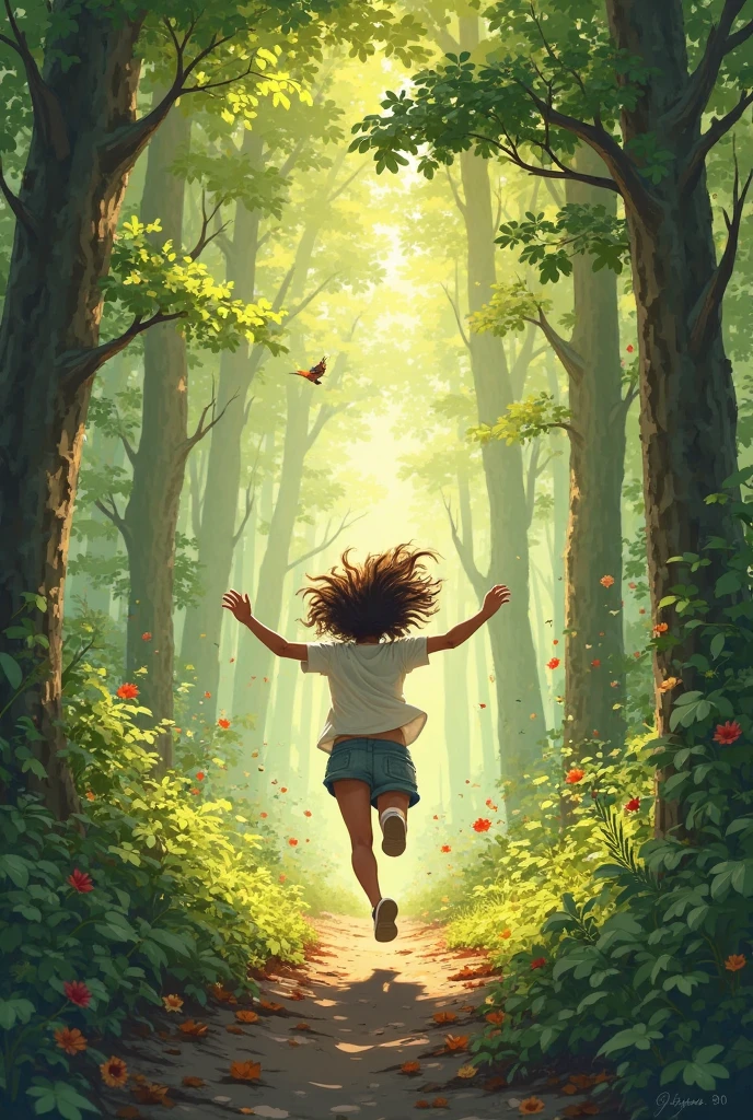 A happy  running in the forest