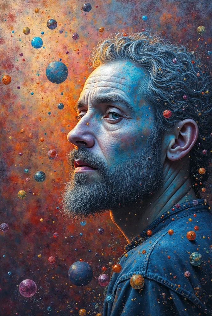 To create a 40-year-old man artist without beards, since he is an extraordinary painter who is sitting thoughtfully creating the imaginable behind his paintings, brushes,Paintings from an astral journey with a psychedelic tint and their pseudonym SILVER