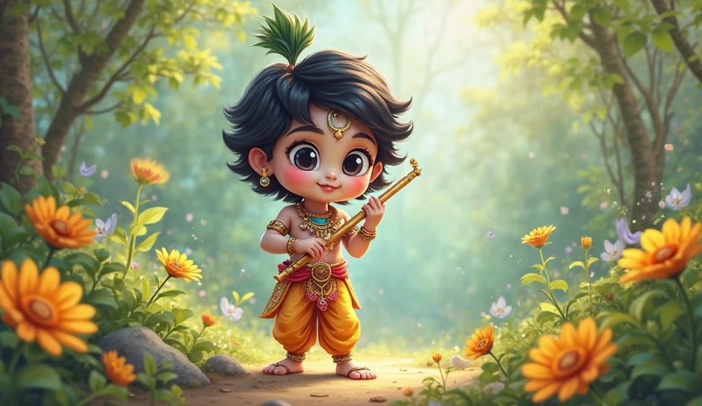 Little krishna age of 1years in green and maroon cloths, flute in the hand with white background