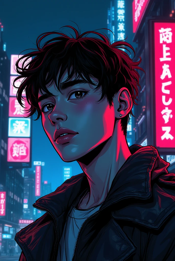 A cyberpunk-style comic book with synthwave art of the sad face of a young man, Everything maintains a cyberpunk and synthwave style, with bright lights and a futuristic environment. That the signs that are in the city or in the stores have words in English 