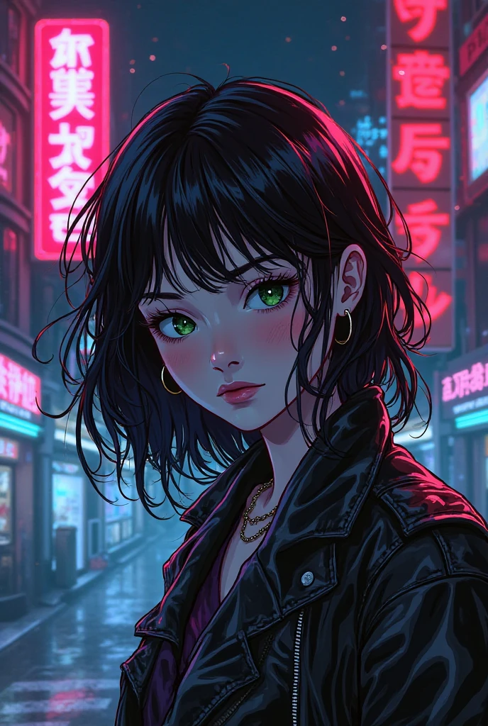 A cyberpunk-style comic with synthwave art featuring the sad face of a young woman, Everything maintains a cyberpunk and synthwave style, with bright lights and a futuristic environment. That the signs that are in the city or in the stores have words in English 