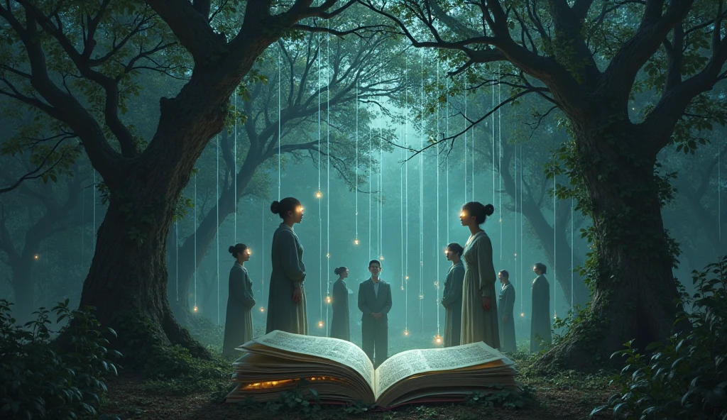 "Forest at night where trees are made of open books. People absorb knowledge through wires of light that connect their third eye to the texts. Gothic fairytale style."

