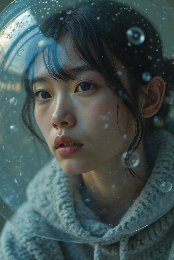 person wearing a clear bubble, social isolation, representation of ASD, portrait, detailed facial expression, posture, face, gaze, detailed portraitdetailed portrait of a person wearing a clear bubble in a scene representing social isolation and the experience of autism spectrum disorder, expressive facial details, contemplative posture and gaze, high resolution, photorealistic, cinematic lighting, dramatic colors, digital painting