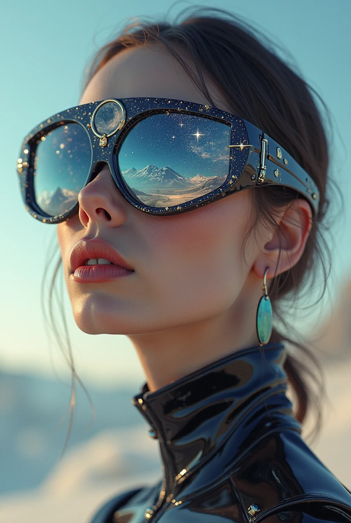 The model is wearing glass sunglasses with stars and the moon on the glass