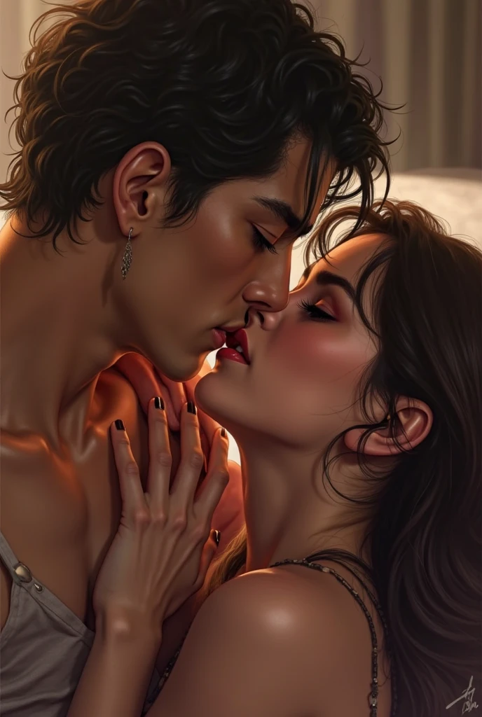 beautiful aesthetic illustration, flat anime, half body photo, There are two people sitting on the couch of a club kissing, gorgeous man, gorgeous woman in red dress, elegant with short hair, black hair, atmospheric lighting, 4k UHD, hyper detailed, vibrant colors, sharp focus, romantic masterpiece, shot from movie