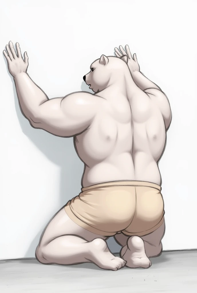 chubby dad male polar bear blue eyes, on bed, belly, (rear view)  , no clothes , white briefs , watch , spread legs ,living room, sunlight, , all white socks , high quality , drawing black lineart , kemono , detailed eyes, crest hairs, full body
