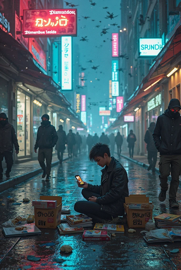 
Detailed Description of the Image:
Scenario:
A futuristic street, but dirty and poorly maintained, filled with luminous neon signs with phrases like "Be yourself ", "Buy happiness", "Disconnect - but keep posting". Everything visually chaotic, as if marketing had engulfed the city.

central character:
Uma pessoa ( without a visible face ) sitting in the middle of the sidewalk, surrounded by open online shopping boxes, fast food packages, and a stack of untouched books next to. She's looking at a cell phone, where Reflection shows a version "perfeita" themselves - smiling, arrumada, full - while, in reality, she seems exhausted and sloppy.

Ao fundo:
Other people pass by, all with their heads down, glazed on his own cell phones. Some wear masks (not for health, but as a symbol of social disguise), others with pixelated eyes or no face. A beggar holds a sign that says: "Likes don't feed."

 sky:
Nublado, half orange, like an artificial sunset. There are drones in the sky scattering leaflets with "Unmissable Deals" flutuando.

Cores:
Cold palette with vibrant neon touches (azul, rosa, verde). Contrast between artificial brightness and heavy shadows.