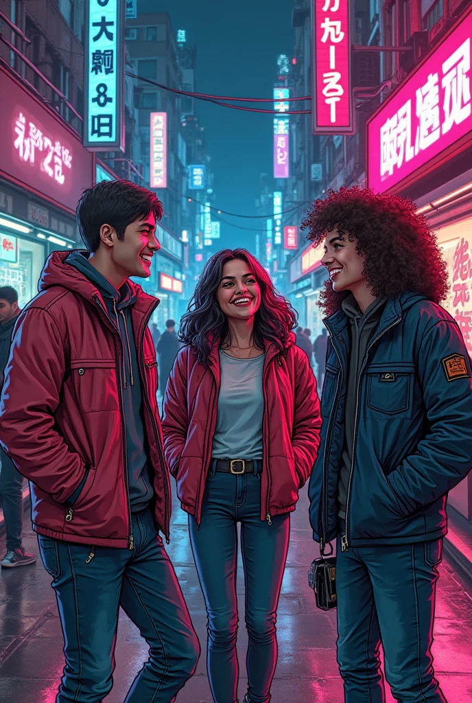A cyberpunk-style comic book with synthwave art, a group of friends laughing and happy. Everything maintains a cyberpunk and synthwave style, with bright lights and a futuristic environment. That the signs that are in the city or in the stores have words in English 