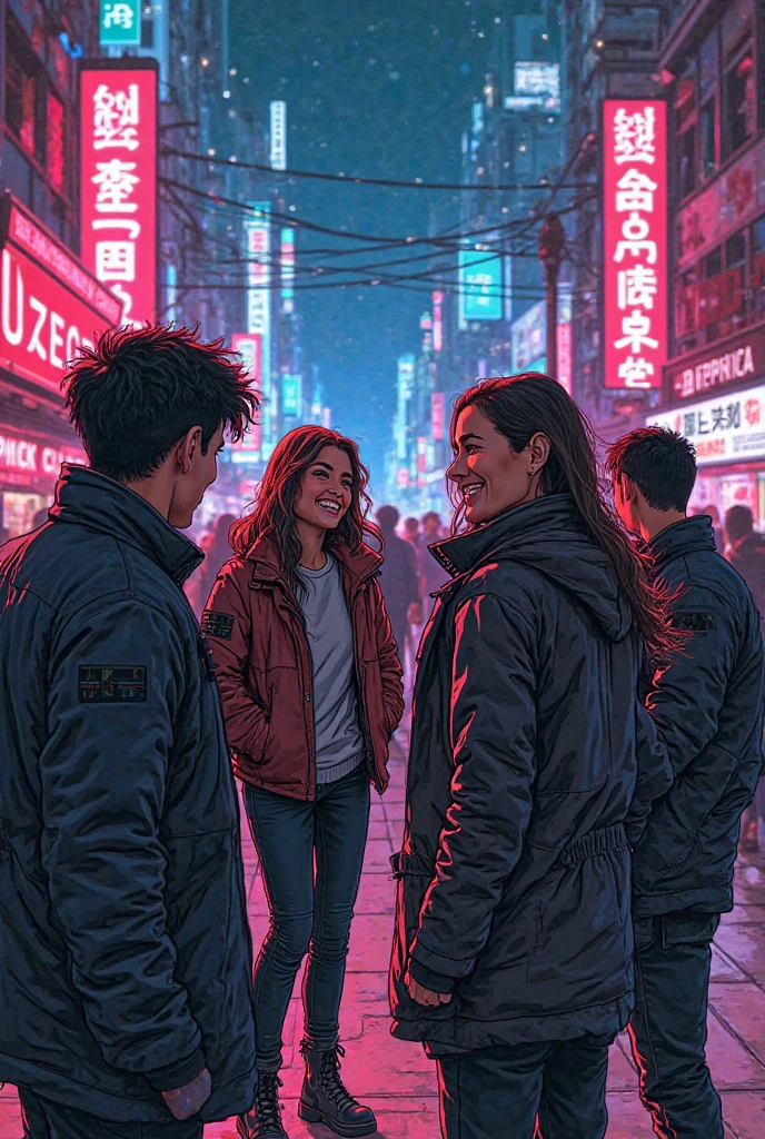 A cyberpunk-style comic book with synthwave art, a group of friends laughing and happy. Everything maintains a cyberpunk and synthwave style, with bright lights and a futuristic environment. That the signs that are in the city or in the stores have words in English 
