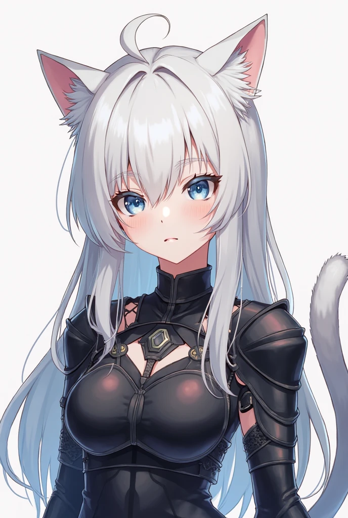 masterpiece, accurate, anatomically correct, super detail, high details, high quality, best quality, highres, 4K, female character illustration, female rpg character, 1 adult woman aged 25, She is a catgirl, perfect body, has fair and milky skin, medium breasts, ((cat heterochromia, with red and gold eyes)), perfect bright eyes, (((white hair, long with blunt bangs))), animal ears, cat ears, ((gothic makeup, black lipstick)), ((She wears medieval fantasy armor)), She wears a richly detailed black leather cat choker, simple background, solo, stomach, upper body, white background.