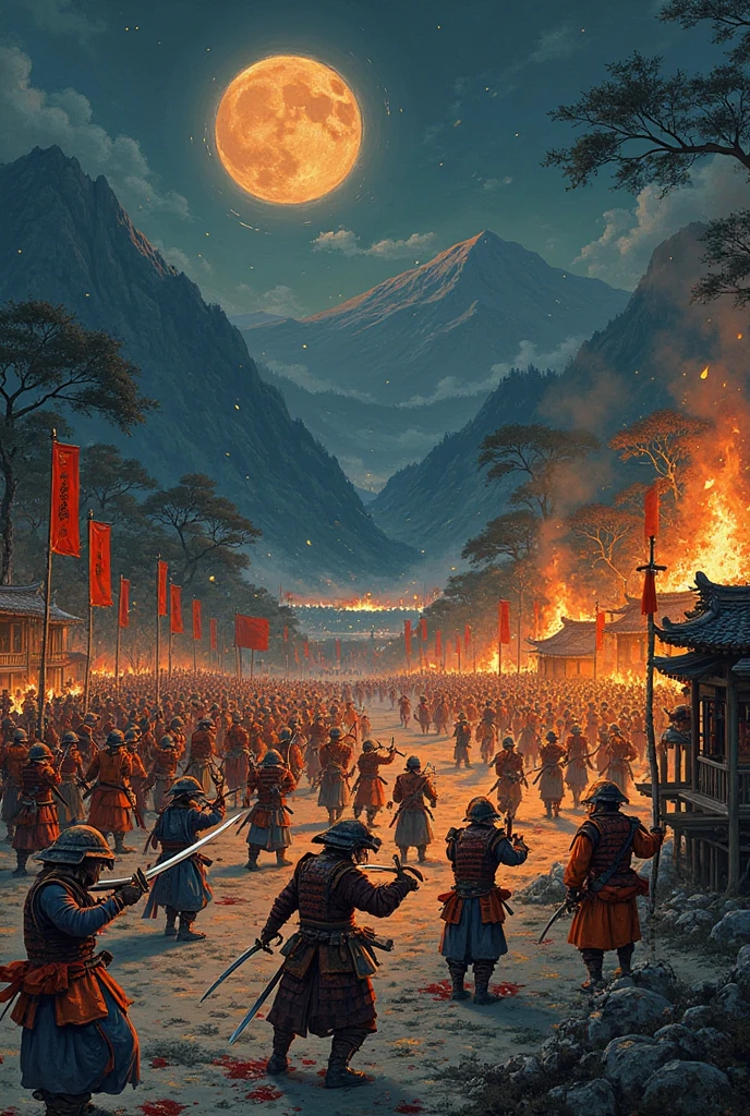 in the old Japanese painting style。at night。old Japanese painting style、Rule 1: draw an orange themed village vs. red themed empire。village、kill farmers with swords and arrows。grab the sword、1 sword attacks another sword。create mountains in the background。draw this village in a low valley。add more houses、divide by distance。set the time to night、just make enemies。so this is a battle between samurai and villagers in a village。I'll draw them shooting crossbows {x} Guardians in orange samurai armor guard the valley、draw a battle between samurai and villagers in a。I'm also adding a lake near this village。draw an army of the red empire、add a red flag。make them sporadic guerrillas。I'll upgrade their armor。fight again。1 sword collides with another sword。spread enemies between them、spread enemies between allied samurai。MAKE IT MORE REALISTIC PAINTING. Add Blood And Fire Torches. Draw so Many Burning Peasant Huts