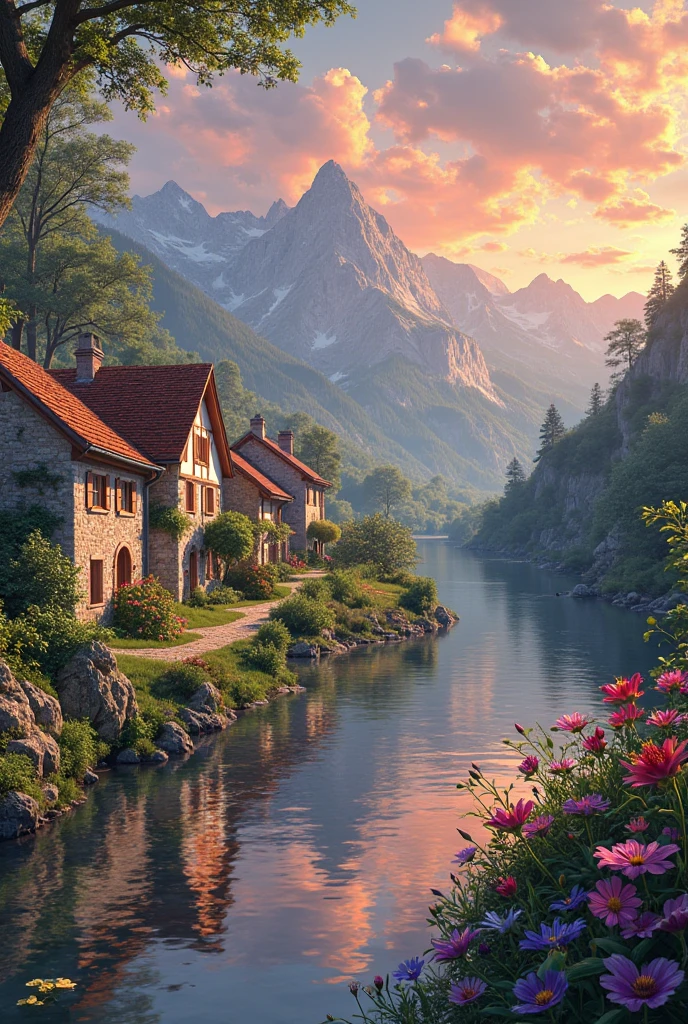 a small village by the river, mountains in the background, fleurs florales colorées,  detailed landscape , Beaux paysages naturels, atmospheric lighting, coucher de soleil brûlant, warm colors, pratique, photorealistic, Detailed foliage ,  complex buildings, Cobblestone street, Charming country house, bright swirling colors, lush vegetation,  Reflections of still water, Pittoresque, idyllique,  work of art, best quality, 8k, extremely detailed, style anime.