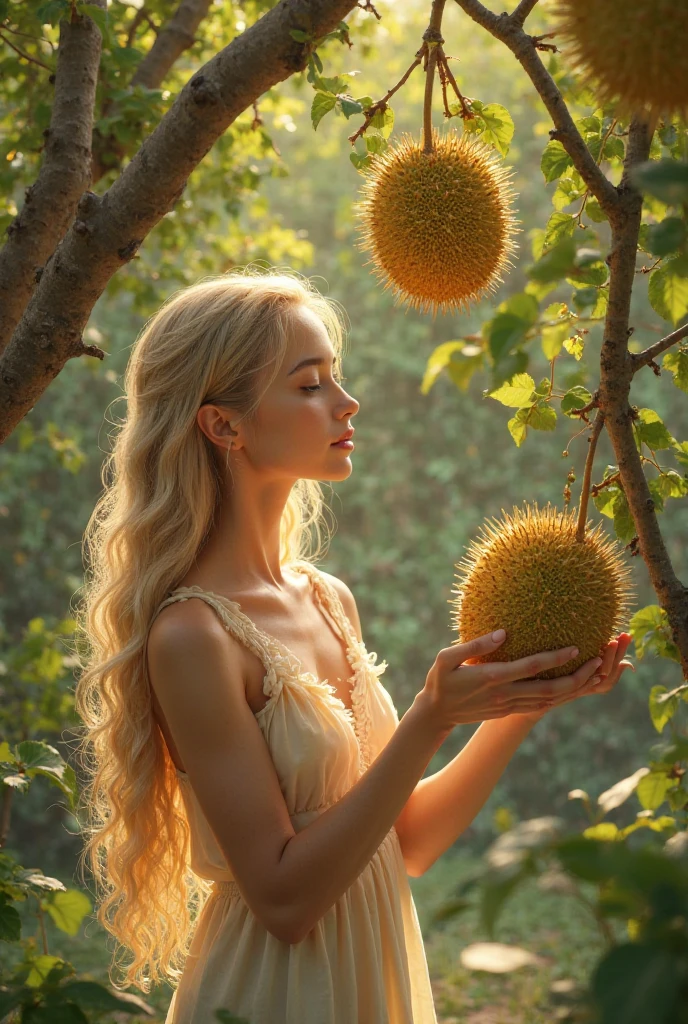 Beautiful blonde girl picks 3 jackfruit in a tree