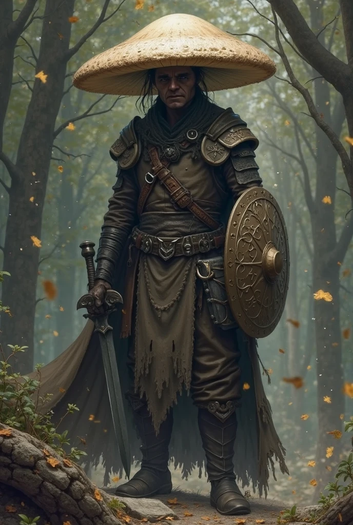 Sgenir me a dark fantasy picture for a DND session. It should be of my character with a race called Gribnit. It's a race from a fantasy world. Create me a Gribnit character with a Morel cap. He should be wearing medium leather/ringed armor. He is armed with a one handed sword and a shield. He has a small potion pouch on his belt. He should look a bit evil. He must look like a half mushroom half human. On the top he must have a Morel cap instead of head.