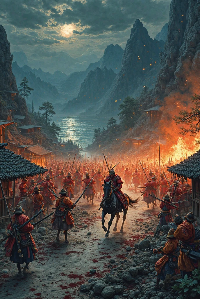 in the old Japanese painting style。at night。old Japanese painting style、Rule 1: draw an orange themed village vs. red themed empire。village、kill farmers with swords and arrows。grab the sword、1 sword attacks another sword。create mountains in the background。draw this village in a low valley。add more houses、divide by distance。set the time to night、just make enemies。so this is a battle between samurai and villagers in a village。I'll draw them shooting crossbows {x} Guardians in orange samurai armor guard the valley、draw a battle between samurai and villagers in a。I'm also adding a lake near this village。draw an army of the red empire、add a red flag。make them sporadic guerrillas。I'll upgrade their armor。fight again。1 sword collides with another sword。spread enemies between them、spread enemies between allied samurai。MAKE IT MORE REALISTIC PAINTING. Add Blood And Fire Torches. Draw so Many Burning Peasant Huts. Add more Fighting Scenarios. Samurai General Use a Horse. Charge Attack towards The Oranges Enemies.