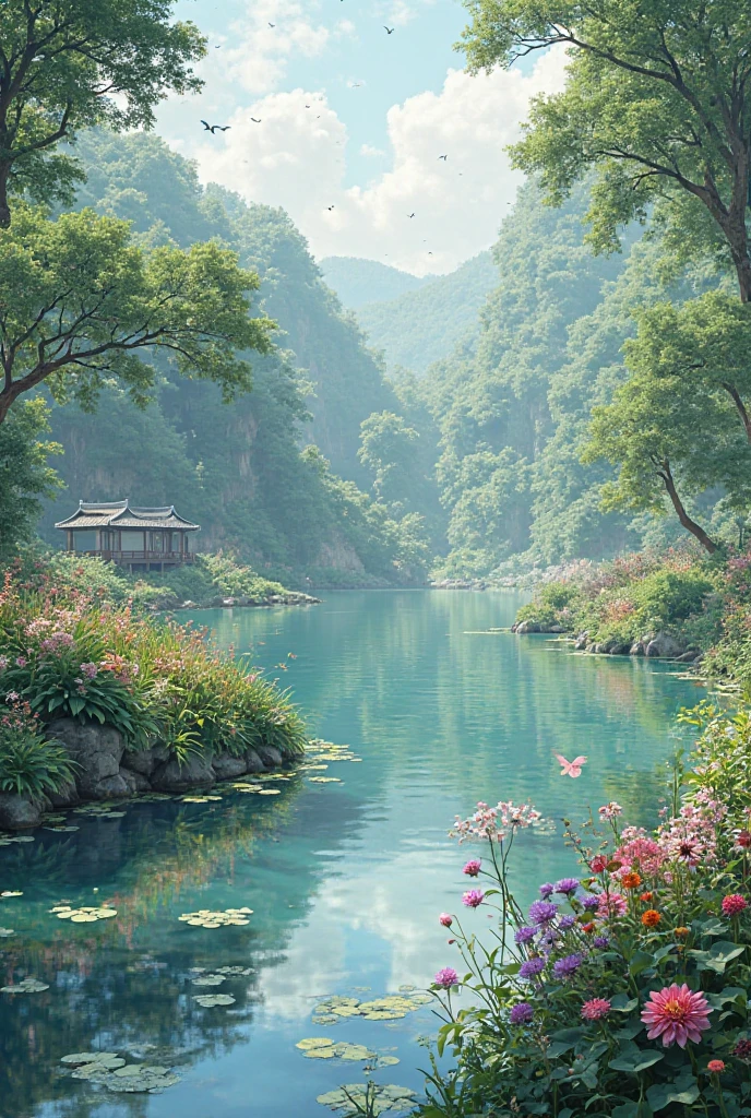 Spend an afternoon in a dam garden with a lake, sem pessoas 