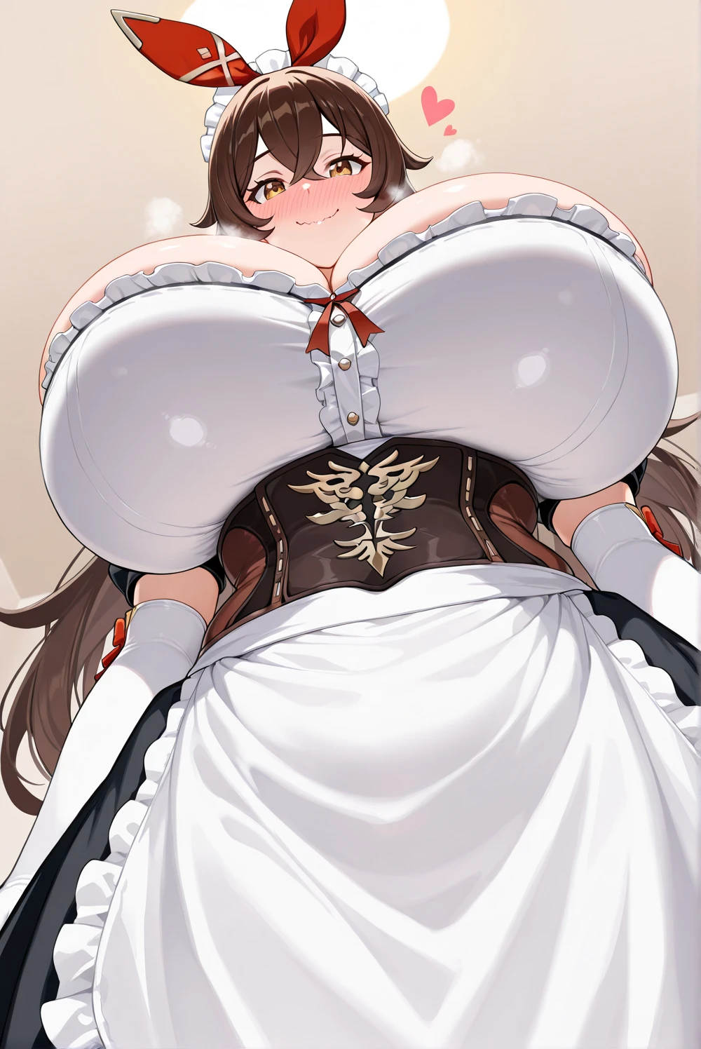Breasts larger than torso,Mature woman, elegant, Casual wear, (((full))), (((Huge breasts))), G cup breasts, Corset, Fur trim, curvy, 4K resolution, high quality, Scary smile, lustful smile, slight blush。camel toe
