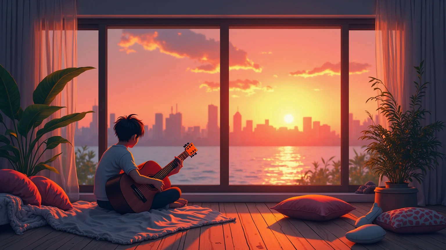 Acogedor estudio de música en casa al sunset ,  anime-style digital art  . Large windows with panoramic view of the city , warm orange and sky pink , setting sun reflecting in the water . Boy sitting relaxed playing the guitar . around having a musical instrument . Wooden floor with blankets and cushions scattered creating a comfortable atmosphere . Indoor plants next to the window . lo-fi aesthetic , soft lighting , dust particles floating in the rays of the sun . Highly detailed background with city silhouette . lighting cinematográfica con el resplandor del sunset bañando la habitación en tonos cálidos . 4K Resolution , soft shadows ,  detailed reflections  . artistic style:  modern anime  , detailed environments , warm color palette . Technical specifications: lighting: cálido resplandor del sunset , volumetric lighting through the windows Color palette: orange , rosa , deep blue , warm browns Perspective: side of the room with large windows Style: clean anime /manga , semi-realistic backgrounds Environment: peaceful , Contemplative , Relaxing weather: Golden hour/sunset