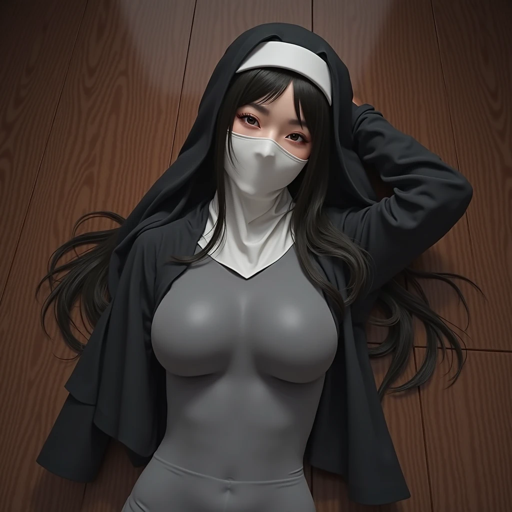 ((best quality)), ((masterpiece)), (detailed), perfect face, beautyful face, Big tits asian girl, ((open venom longerie push up)), matrix movie outfit, stocking, black hair, black red high heels boots, dark bedroom background, visible boobs, bitch style, sexy, erotic, ((big boobs)), (((hot legs))), (((big tits))), (((prostitue style))), ((black nun latex costume)), (((full body))), ((((her clothes are very torn in several places)))), (long hair), (((she wearing a black mask))), (((detailed eyes)))