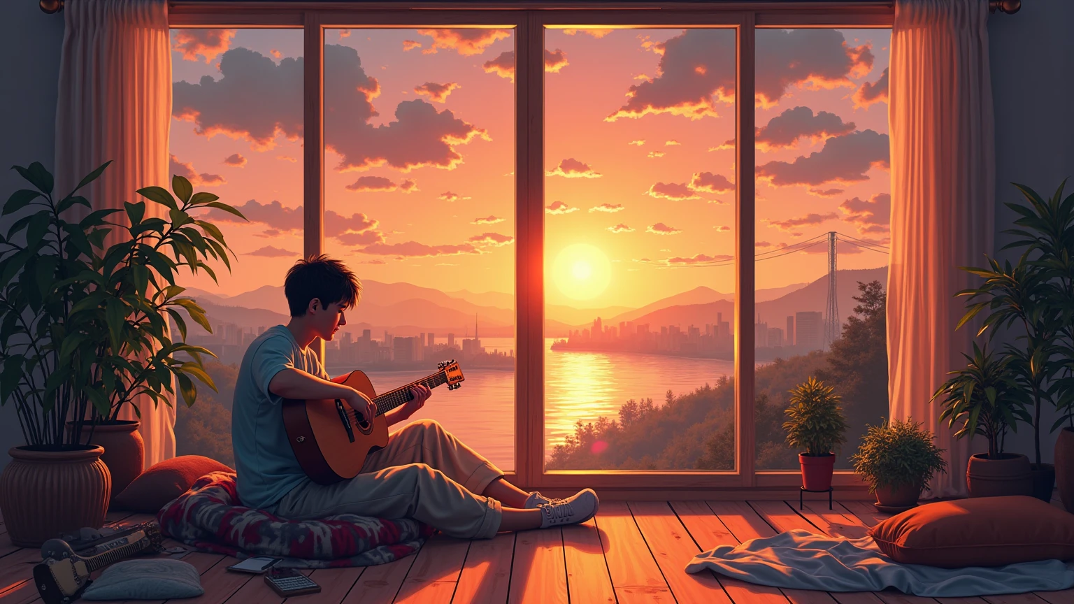 Acogedor estudio de música en casa al sunset ,  anime-style digital art  . Large windows with panoramic view of the city , warm orange and sky pink , setting sun reflecting in the water . boy about 30 years old sitting relaxed playing the guitar . around having a musical instrument . Wooden floor with blankets and cushions scattered creating a comfortable atmosphere . Indoor plants next to the window . lo-fi aesthetic , soft lighting , dust particles floating in the rays of the sun . Highly detailed background with city silhouette . lighting cinematográfica con el resplandor del sunset bañando la habitación en tonos cálidos . 4K Resolution , soft shadows ,  detailed reflections  . artistic style:  modern anime  , detailed environments , warm color palette . Technical specifications: lighting: cálido resplandor del sunset , volumetric lighting through the windows Color palette: orange , rosa , deep blue , warm browns Perspective: side of the room with large windows Style: clean anime /manga , semi-realistic backgrounds Environment: peaceful , Contemplative , Relaxing weather: Golden hour/sunset