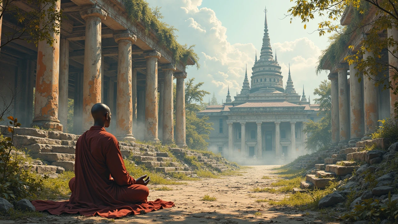Monk meditating beside the ruins of a once thriving Buddhist university, now overshadowed by new Hindu schools – The monk sits in silent contemplation, watching as new Hindu educational institutions rise in the distance.