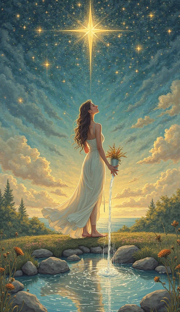 A beautiful and hopeful tarot card illustration of "The Star", showing a serene woman pouring water into a pond and onto the ground, under a sky full of glowing stars, calm landscape, representing hope, faith, and spiritual guidance, luminous and celestial style, pastel and golden tones
