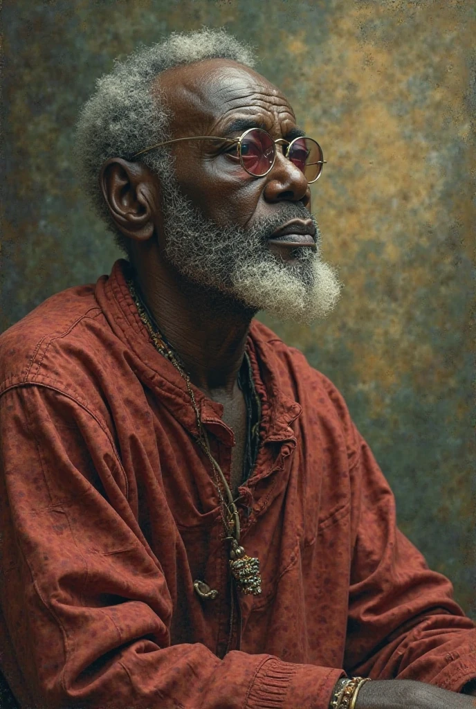 Hyperrealistic cinematic image of a native old black man in a red and black clothes, African native art, Fantasy of an old black native, master irineu, smoke rising, smoke, African Native Folk Art, Africanrealistic art photography, Foot, Masterpiece artwork, realisitic, Reality, rendering, hight contrast, digital art photographyrealistic trend in Artstation 8k HD high definition detailed realistic,  detailded, texture skin, hiper detailded, realisitic fur texture, armour, best qualityer, ultra high-resolution, (Footrrealisitic: 1.4), high resolution, detailded, Gross draft, sharp re, by lee jeffries Nikon D850 Film Stock Photography 4 Kodak Portra 400 F1 Lens.6 Rich Colors Realistic Texture Dramatic Texture Dramatic Lighting Irrealengine Trend on Artstation Cinestill 800