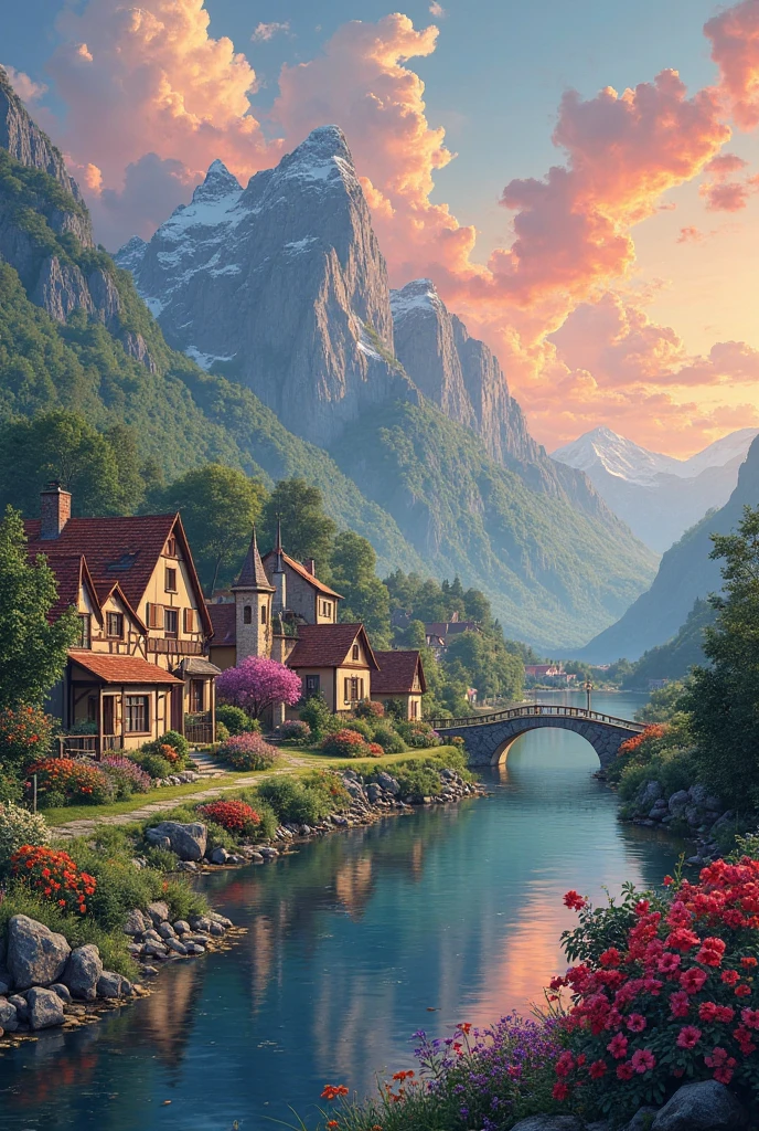A small town by the river, mountains in the background, colorful floral flowers, detailed landscape, beautiful natural landscapes, atmospheric lighting, scorching sunset, warm colors, practical, photographic, detailed foliage, complex buildings, cobblestone street, charming country house, vibrant colors, lush vegetation, reflections in the water,  picturesque, idyllic, artwork, photos, 8K, extremely detailed, anime style