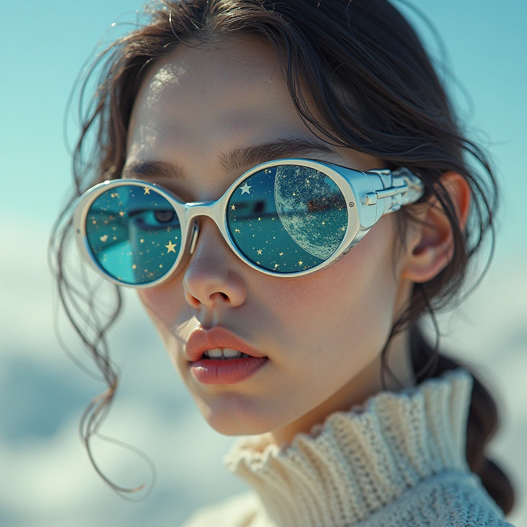 The model is wearing glass sunglasses with stars and the moon on the glass