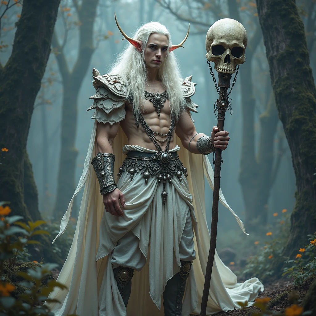 A full body view of youthful 18 year old fantasy male warrior character with long white hair and pointed ears, dressed in a mythical death attire. The sluty ???? outfit consists of flowing expensive white fabric with decorative skull and chain details, exuding a mystical and otherworldly ghostly vibe. The character is holding a staff topped with a skull, showcasing an imposing stance in a shadowy forest setting, surrounded by an atmospheric, misty backdrop. Wearing large dangling skull earrings. The elaborate costume and multiple jewelry pieces and accessories, combined with the vibrant forest scene, create an epic and adventurous atmosphere. Incredibly handsome youthful 18 year old male celestial god of death. Crystal clear bright silver bedroom eyes with long eyelashes. Showing very prominent Big plump full luscious lips. Shoulder length silky vibrant colored hair styled in a random Viking style. Very pale extremely ripped muscular lanky body builder with big wide muscular shoulders with huge biceps and forearms. Large ????? muscles, with 8 pack and very narrow flat waist. With wider muscular ???? and big plump muscular well rounded ????????, with long muscular legs and big calves and large feet.