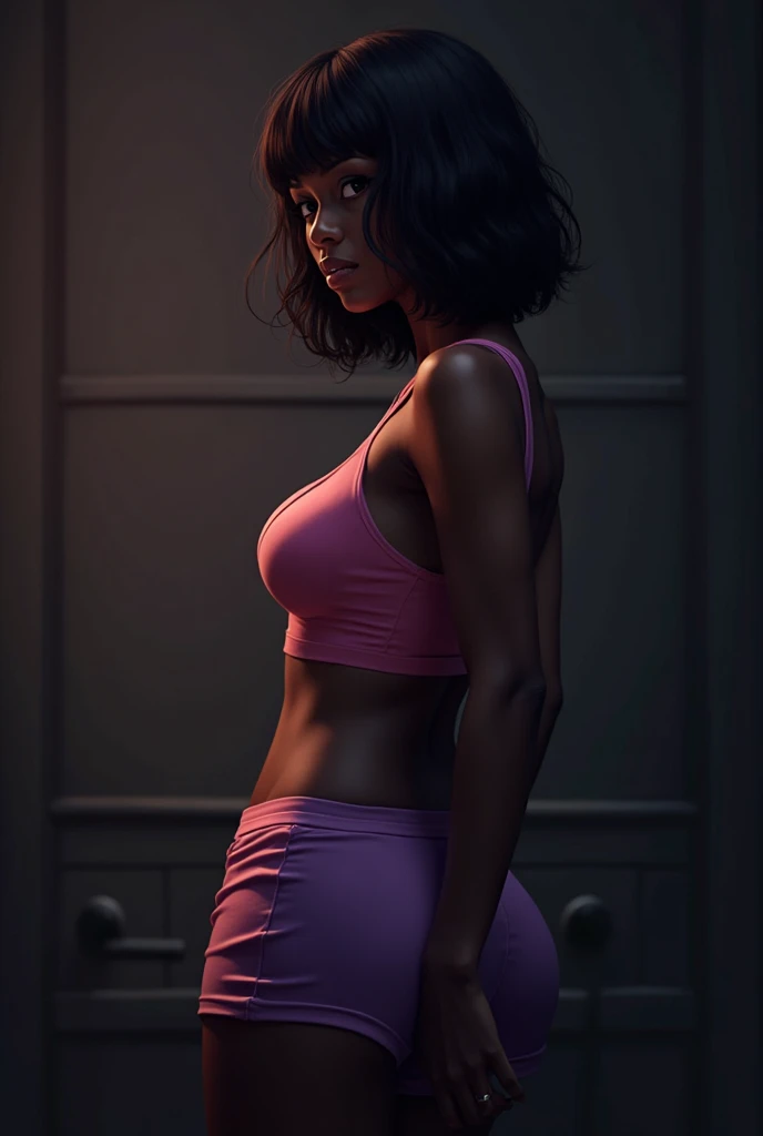 dark-skinned girl. stands backwards.  4 breast size. pink top . purple tight shorts. The buttocks are larger than average. hair dark. bob hairstyle. dark room background