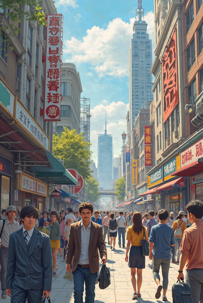 A diverse group of people walking around a city or participating in everyday activities (work, education, commerce).