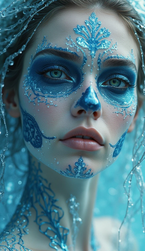raw photo, masterpiece, n8tr1, thecrumpeffect, 1girl, Iceeffect and n8tr1 aesthetics. Natrani in her iceincarnation, bodypainted with frost patterns, her black hair contrasting with the icy surroundings. The heart and third eye are accented with icicle designs, <lora:NATRANI:.75>
