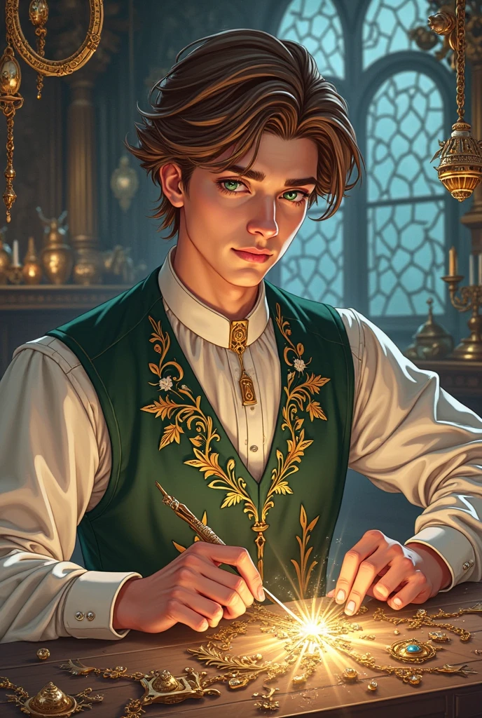 a young man of 25 years, royal jeweler, lenses with light brown hair, with green eyes, With a confident look, Manhwa style .