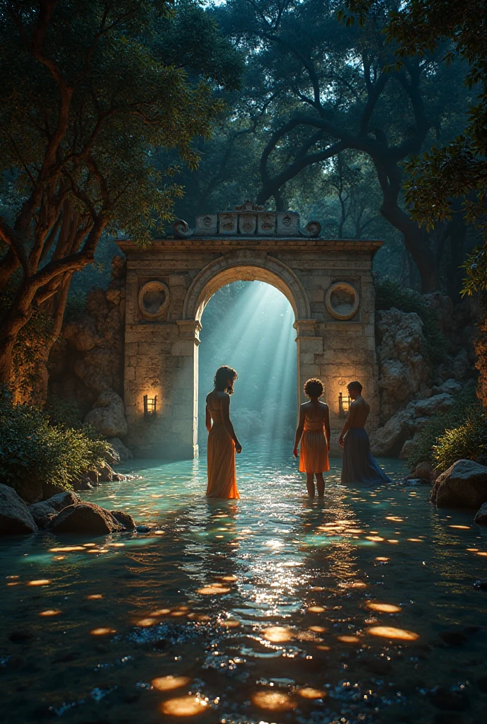 Create an image where you insert the myth of Ulysses and Calypso on the island of Ogigia, light effects with symbolic objects and dancers that create a. Create projections and use light effects that recall the myth and do it in an outdoor garden 

