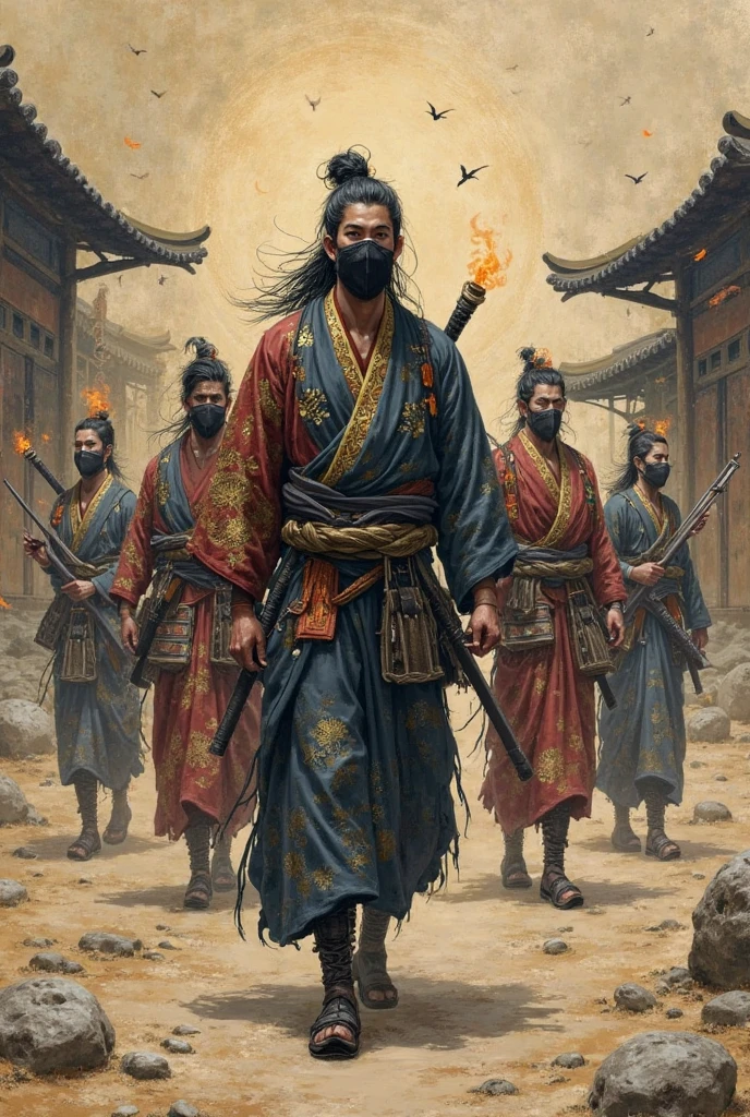 Japanese Old Painting, Japanese, Japanese Old Vibes, Draw A group of Japanese Bandits. They don't have an Armor. They don't use samurai Armor, A group of regular Bandits with Kimono, One Bandit Brought A torches, One Bandit Brought a sharp sickle. One Bandit Brought a Crossbow. Draw The Bandits Captain the one who have a long hair. His Long hair is Tied, He used a Black Shell to cover his mouths.