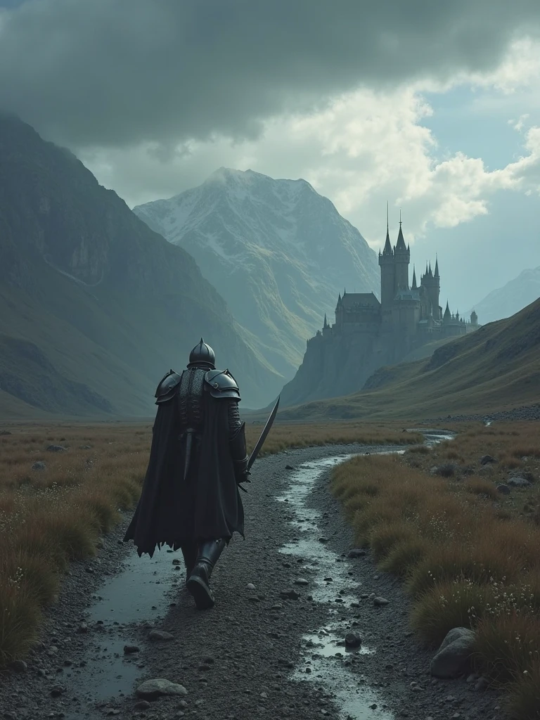 A soldier in armor and sword walking along a full path, not very dark, with cloudy skies and stormy mountains in the distance, with a castle much farther away and with a dragon inside.,Do it dark fantasy and medieval 