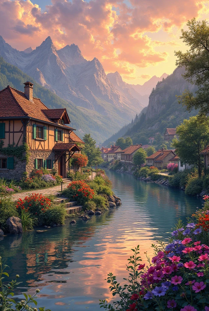 A small village by the river, mountains in the background, colorful flowers, detailed landscape style, beautiful natural scenery, atmospheric lighting,  scorching sunset ,  warm colors, practical, photographic, detailed foliage, complex buildings , cobblestone street, charming country house, vibrant colors, lush vegetation, reflections in the water, pitoresco, idyllic, work of art, Best Quality, 8k, extremely detailed, anime style