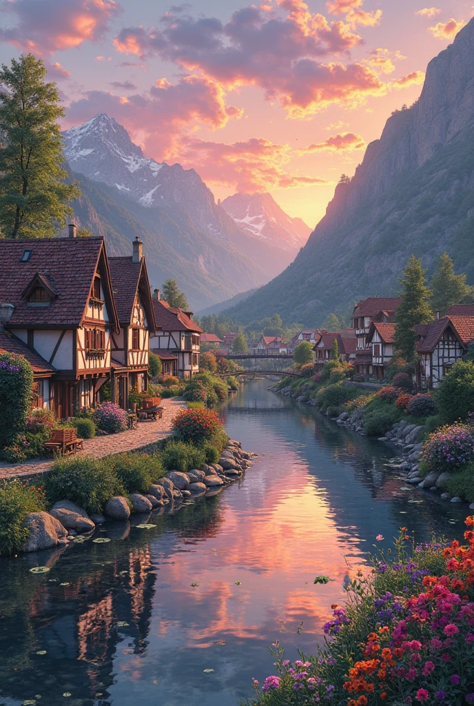A small village by the river, mountains in the background, colorful flowers, detailed landscape style, beautiful natural scenery, atmospheric lighting,  scorching sunset ,  warm colors, practical, photographic, detailed foliage, complex buildings , cobblestone street, charming country house, vibrant colors, lush vegetation, reflections in the water, pitoresco, idyllic, work of art, Best Quality, 8k, extremely detailed, anime style