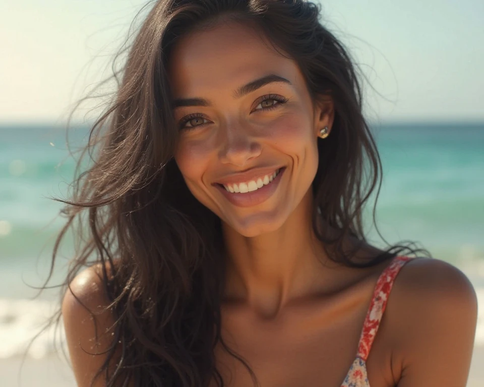 (grainy:0.5), cinematic, women, (solo:1.3), detailed eyes, detailed face, volumetric lighting, extremely detailed background, smiling, half closed eyes, from side, beach, bikini,
