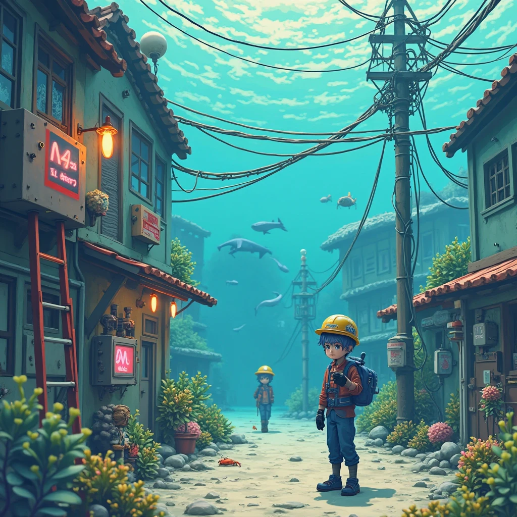 SMALL WORLD, little people々, Small Town, Genuine, Microworld ,cyberpunk, 1 girl, Hatsune Miku, Machine, Electric shock warning area, electrician, helmet with facial armor, electrical appliances, high voltage wires, Circuit breaker, electrical pressure measurement, inspection, blue workwear, , ladder, guide board, In the sea, Crab, Coral Reef, Shark, A town in the sea