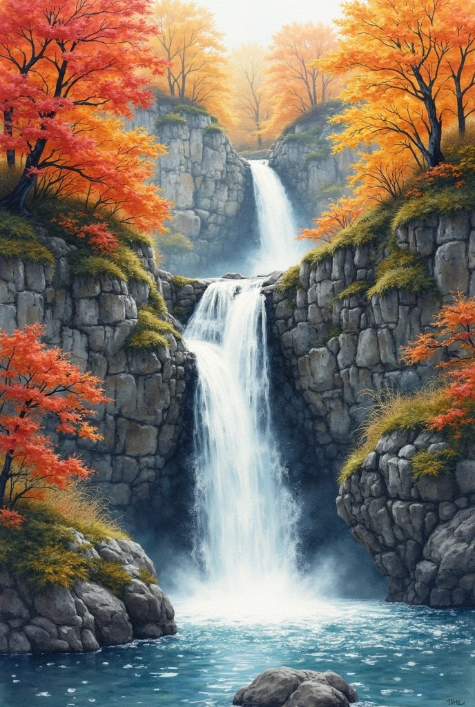 Mitake Falls Autumn Texture Picture Watercolor Painting on Coarse-grained Chicken Leather Paper