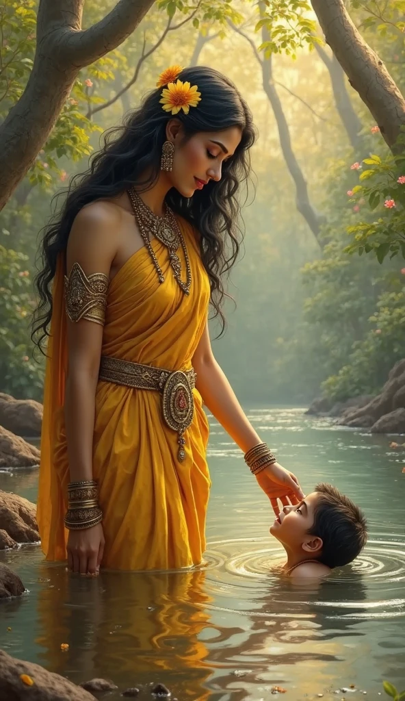 A serene mythological Indian scene featuring a beautiful woman in a traditional golden-yellow saree, adorned with intricate jewelry and bangles, standing gracefully beside a river in a forest. She gently touches the head of a baby floating in the river. The background is filled with lush trees and soft, golden light. The woman has long black hair decorated with flowers and a calm, divine expression. The baby looks up lovingly at her. The setting is peaceful and divine, painted in classical Indian art style
