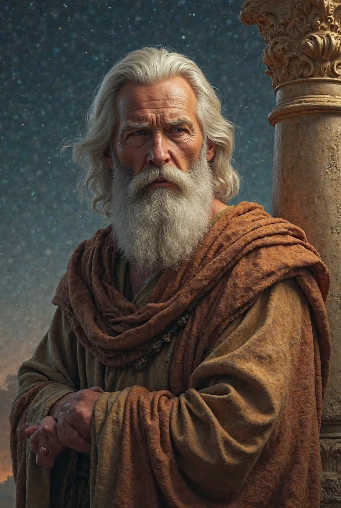 "Realistic digital portrait of a biblical character,  with white hair and beard , serene and wise expression, wearing antique tunic in earthy tones. He is leaning against a column with classic details, under a bright and deep starry sky. soft and dramatic lighting, with an epic atmosphere , cinematographic style and high definition digital realism."