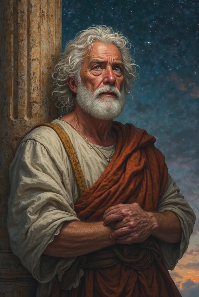 "Realistic digital portrait of a biblical character,  with white hair and beard , serene and wise expression, wearing antique tunic in earthy tones. He is leaning against a column with classic details, under a bright and deep starry sky. soft and dramatic lighting, with an epic atmosphere , cinematographic style and high definition digital realism."