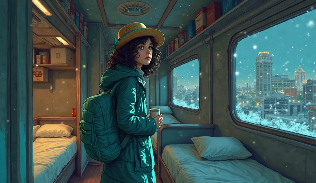 1 menina,Sozinho,25 anos,esguio,alto,medium hair,black hair, natural hair wave ,curled hair with color gradient color teal,dark green eyes, comfortable ,sorrir,copos,(straw hat with sheet-colored ribbon:1.2),copos,carrying an aqua-blue backpack, (max-length parka dress with earth gradient color), sneakers,wristwatch,(cidade,Buildings pictured with only window lights on a black background),inverno,morning,Can coffee,in dorm train,Private beds in dormitory trains,bebendo,white breathable,looking up,de lado,nsfw,(obra-prima),(Best Quality),very aesthetic,(ultra-detailed),(super fine illustration),Cold colors limited palette Pissa Disney style