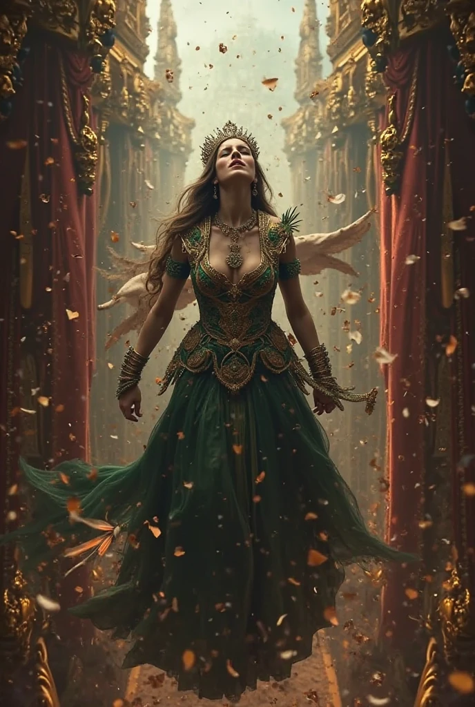 Queen Jezebel falling from a window; her crown tumbles. 