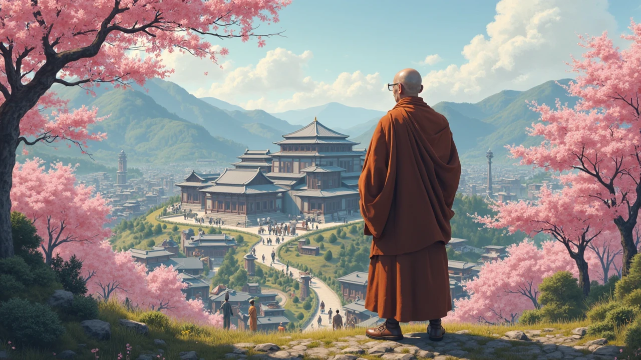 A Buddhist monk overlooking a growing monastery in Japan, with cherry blossoms in the background – The monk observes a large Buddhist monastery being built against the serene backdrop of blooming cherry blossoms, illustrating Buddhism’s expansion into Japan.