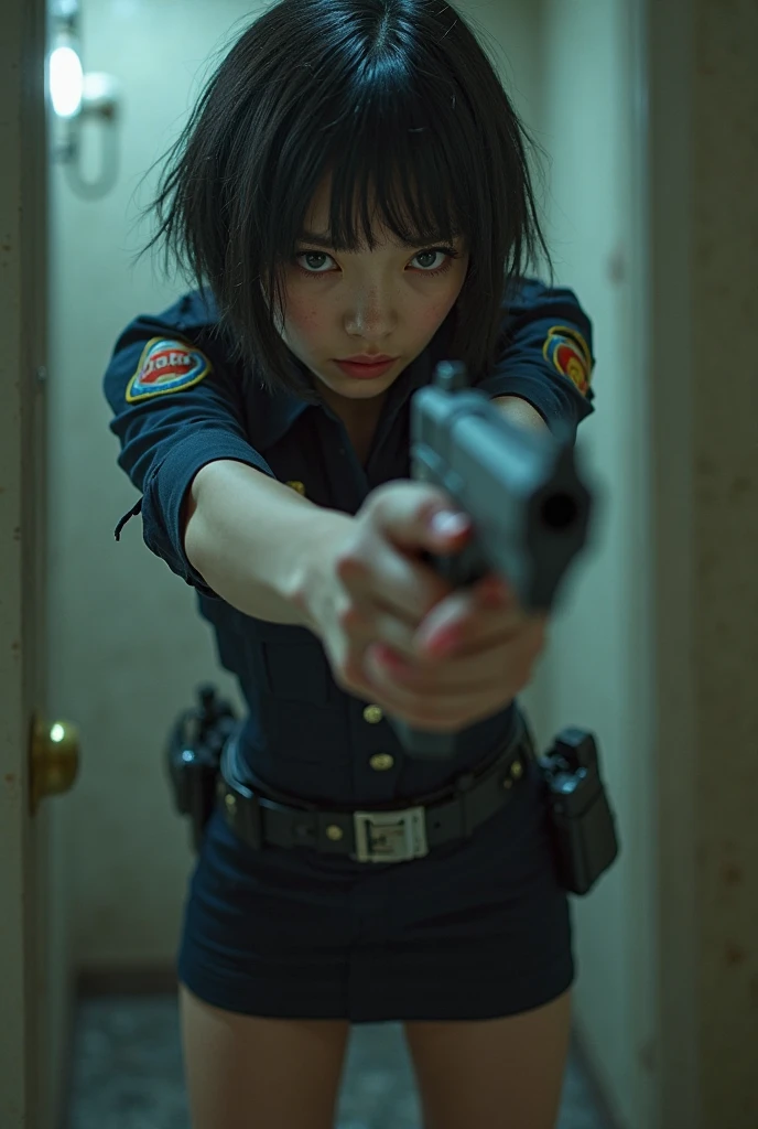 Caucasian pale female police officer, short skirt, agony on the face, sexy panties, dangerous, killing you with a gun, sexy face, camera angle from the bottom